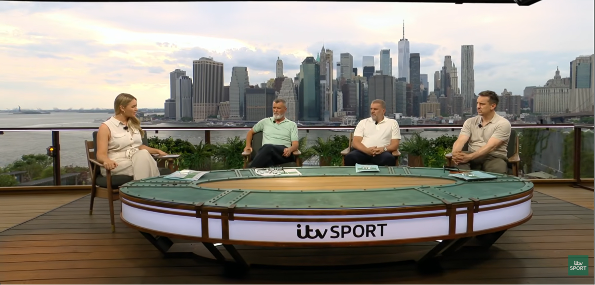 ITV's World Cup studio set with the downtown NYC skyline as a backdrop