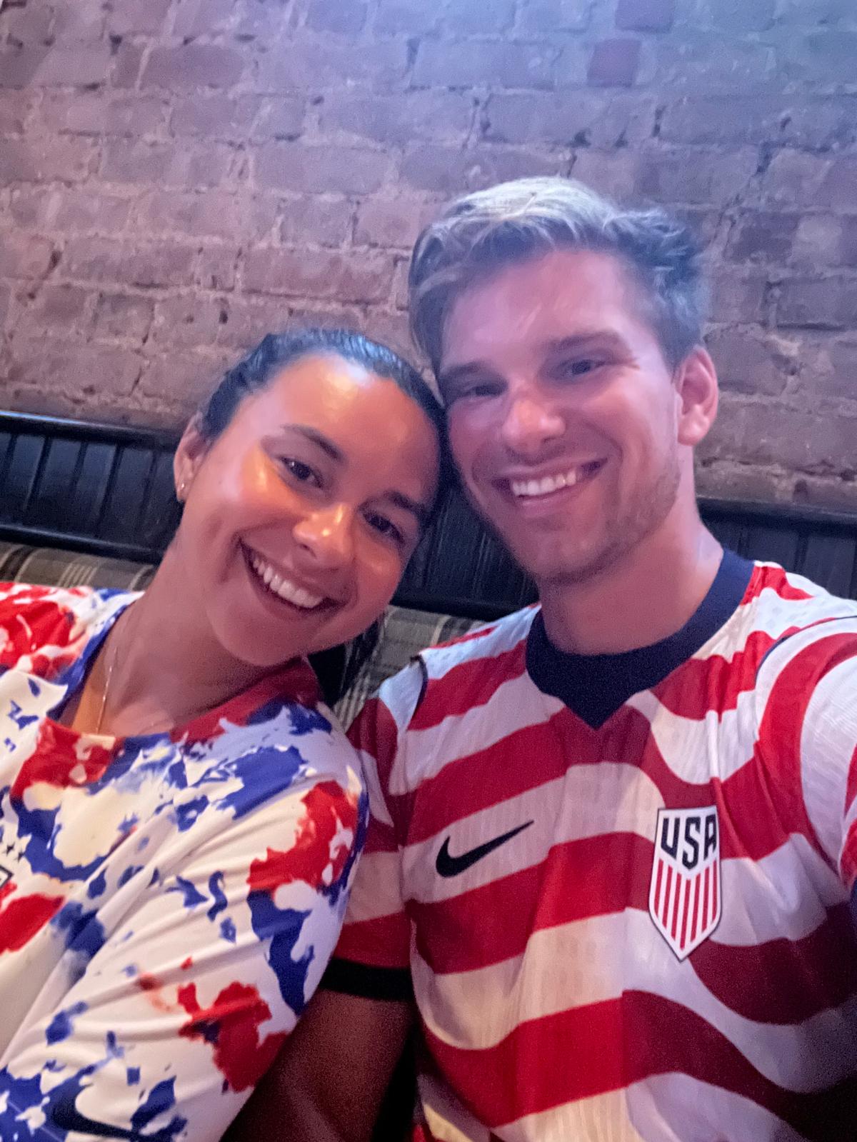 The crowd watching the USMNT at Sláinte in Manhattan, under World Cup bunting
