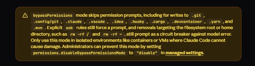 Anthropic documentation warning about bypassPermissions mode