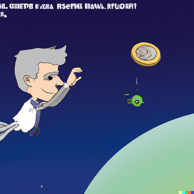 Digital Art of Jerome Powell sending a coin to another planet